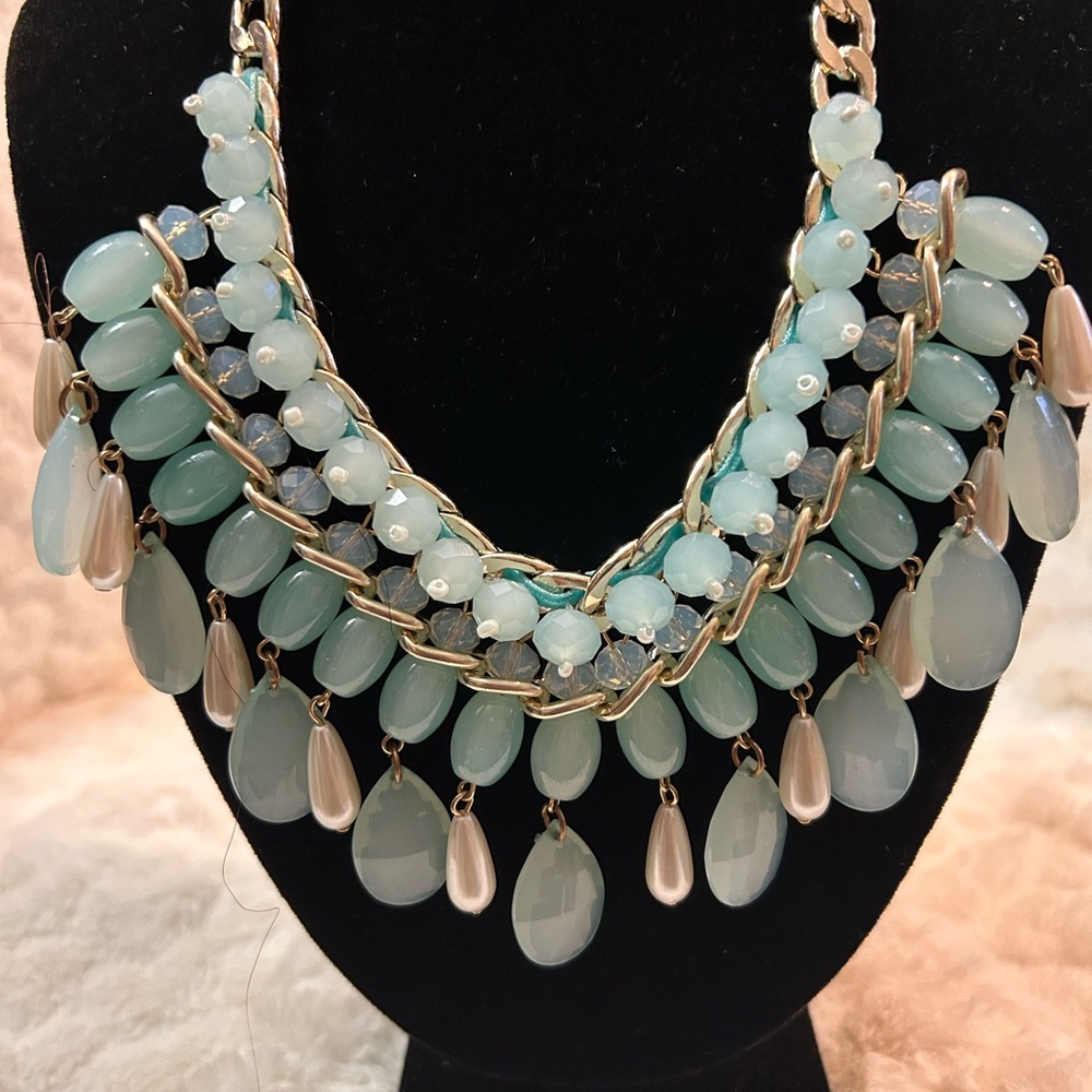 Triple layer Turquoise and White  Beaded Fashion Necklace with Earrings - Picture 2 of 4